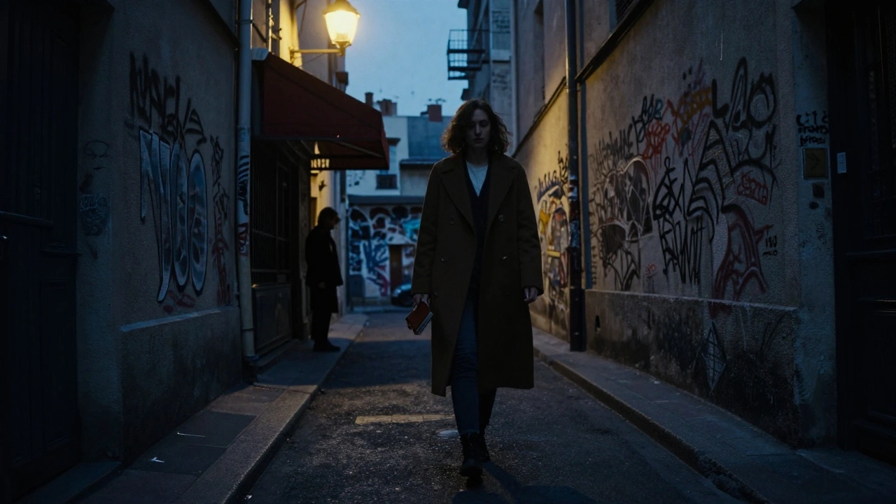 A woman walking alone through a misty Montmartre alley at twilight.