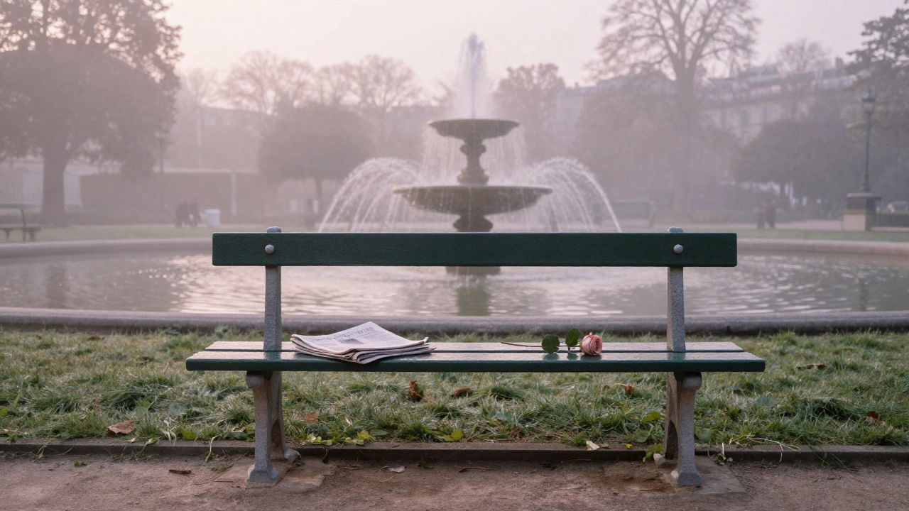 An empty park bench in Paris at dawn with a rose and newspaper left behind.